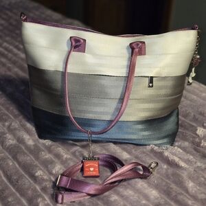 Harveys Ombre Ribbon Tote in Cream, Gray, Blue with Mauve Straps